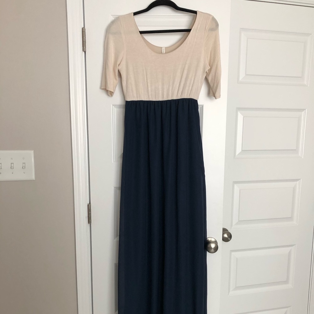 Beige and Navy Maternity Maxi Dress